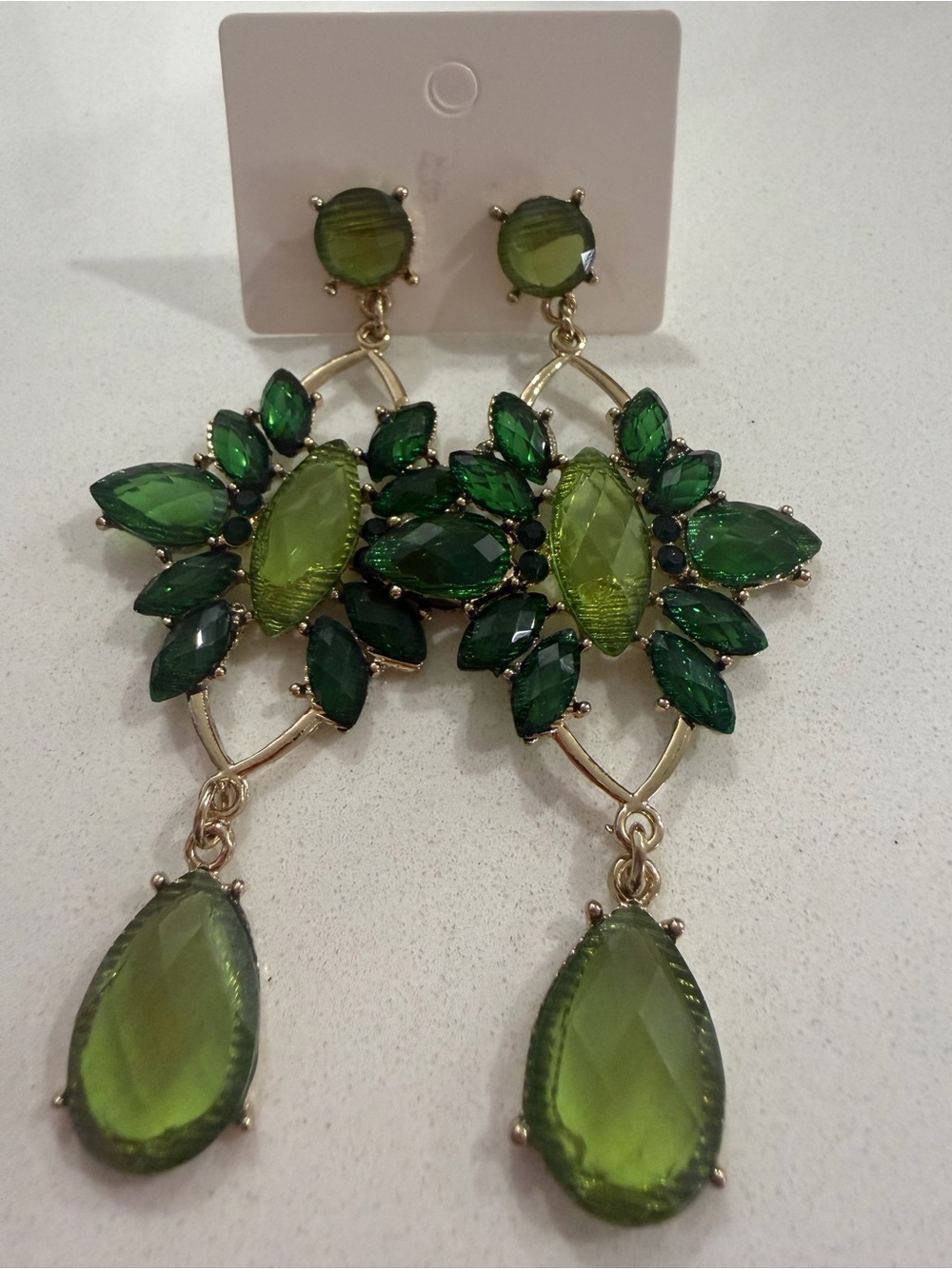 Green Crystal Drop Statement Earrings - Picture 3 of 4